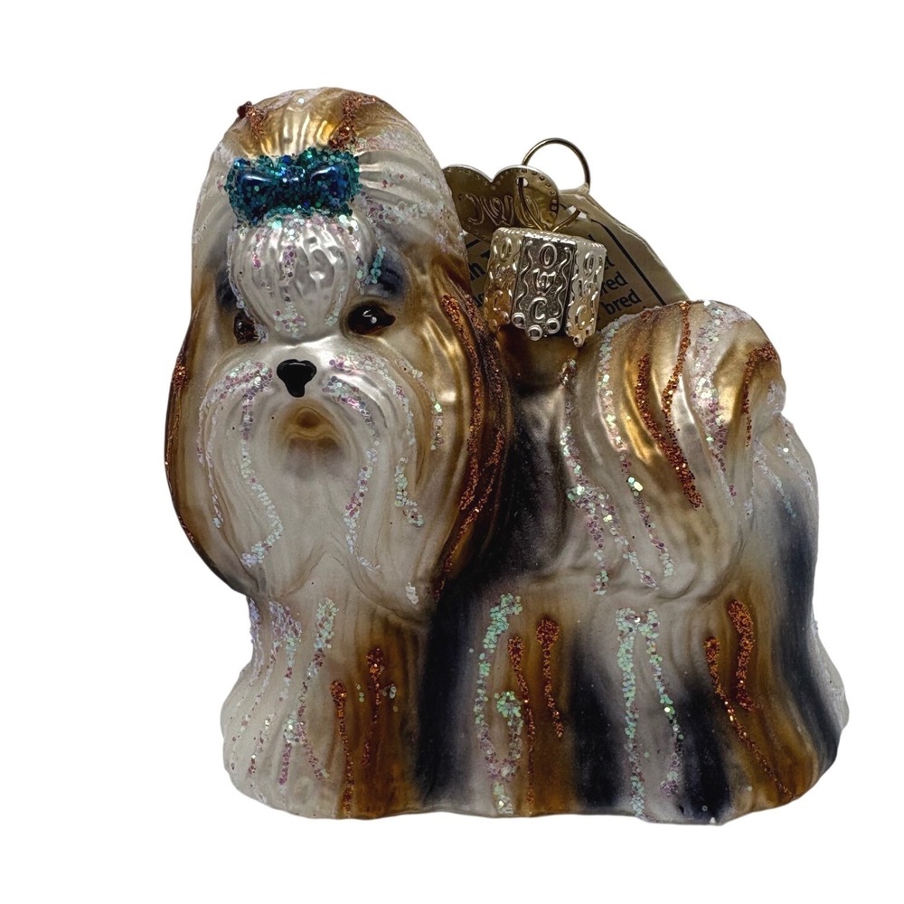 Shih Tzu Glass Ornament‎ Dog Gold White Black Teal Bow Puppy Old World Christmas